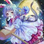  1girl :d animal_ears arm_rest bangs black_gloves bloomers blue_dress blue_hair blurry blush bokeh bun_(food) bunny_ears collarbone commentary_request crescent_print depth_of_field dress eyebrows_visible_through_hair feet_out_of_frame full_moon gloves hair_ribbon here_(hr_rz_ggg) highres kine layered_dress long_hair looking_at_viewer mallet moon open_mouth purple_ribbon red_eyes ribbon seiran_(touhou) smile solo sparkle star_(symbol) star_print striped striped_ribbon touhou underwear upper_teeth wide_sleeves 