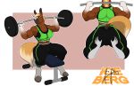  1ceberg abs absurd_res anthro barbell biceps big_breasts big_butt breasts butt butt_grab clothed clothing duo equid equine exercise female fur hair hand_on_butt hi_res hooves horse humanoid legwear male male/female mammal muscular muscular_female raised_tail simple_background sitting smile solo tights weightlifting weights workout 