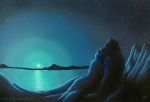  2010 ambiguous_gender anthro blue_body blue_fur blue_theme canid canine canis cool_colors cuddling detailed_background duo fur horizon mammal moon myenia night outside shore sky star starry_sky traditional_media_(artwork) water wolf 