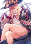  1girl :d abigail_williams_(fate/grand_order) bangs bare_shoulders bb_(fate)_(all) bb_(swimsuit_mooncancer)_(fate) bb_(swimsuit_mooncancer)_(fate)_(cosplay) black_bow black_coat black_headwear blonde_hair blush bow breasts coat commentary_request cosplay crossed_legs fate/grand_order fate_(series) forehead hat highres hip_focus leotard long_hair looking_at_viewer neck_ribbon open_mouth orange_bow parted_bangs polka_dot polka_dot_bow popped_collar red_eyes red_neckwear red_ribbon ribbon shimokirin simple_background small_breasts smile solo stuffed_animal stuffed_toy suction_cups teddy_bear tentacles thighs vampire_costume white_background white_leotard wings witch_hat 
