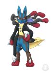  ambiguous_gender black_body black_hair blue_body canid canine chest_spike fan_character featureless_crotch front_view full-length_portrait fur hair hand_on_hip hi_res jewelry mammal mega_evolution mega_lucario multicolored_body multicolored_hair mysticalpha necklace nintendo pok&eacute;mon pok&eacute;mon_(species) portrait red_body red_eyes red_hair signature solo spikes spikes_(anatomy) standing text two_tone_hair url video_games yellow_body yellow_fur 