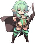  1girl bangs black_bow black_gloves boots bow bow_(weapon) chibi closed_mouth commentary_request elf flat_chest full_body gloves goblin_slayer! green_eyes green_hair groin hair_bow hand_on_hip high_elf_archer_(goblin_slayer!) highres holding holding_weapon karukan_(monjya) long_hair looking_at_viewer pointy_ears short_shorts shorts sidelocks simple_background smile solo standing thigh_boots thighhighs weapon white_background 