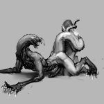  1:1 2018 alien anal anal_penetration anthro anthro_penetrated bodily_fluids claws duo from_behind_position genital_fluids hi_res human human_on_anthro human_penetrating human_penetrating_anthro interspecies male male/male male_penetrated male_penetrating male_penetrating_male mammal meandraco monochrome penetration precum sex tail_grab teeth xenophilia 