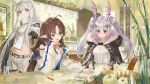  4girls :d absurdres ahoge amiya_(arknights) animal_ear_fluff animal_ears arknights bangs bare_shoulders breasts brown_hair cleavage copyright_name crop_top eyebrows_visible_through_hair gloves green_eyes grey_eyes grey_gloves head_wings highres indoors jacket kobuta long_hair looking_at_viewer manticore_(arknights) midriff multiple_girls myrtle_(arknights) official_art open_mouth platinum_(arknights) pointy_ears purple_eyes purple_hair shirt shorts silver_hair smile white_jacket white_shirt white_shorts 