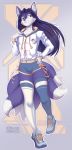  2020 5_fingers anthro black_hair blue_eyes bottomwear bulge canid canine clothing digital_media_(artwork) english_text eyebrows eyelashes fingers footwear fox fur girly hair hi_res hoodie jacket kittysilence legwear long_hair looking_at_viewer male mammal miko_(snowweaver) multi_tail purple_body purple_fur ribbons shaded shoes shorts signature smile solo text thigh_highs topwear 