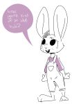 anthro buckteeth clothed clothing dialogue english_text fully_clothed hi_res lagomorph leporid mammal nobby_(artist) open_mouth rabbit simple_background solo speech_bubble teeth text white_background 