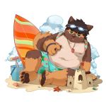  1:1 2020 anthro beach belly blush brown_body brown_fur canid canine clothing fur hi_res kemono male mammal moobs morian_xs navel nipples overweight overweight_anthro overweight_male sand seaside sitting solo surfboard swimwear vehicle watercraft 