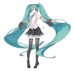  1girl absurdly_long_hair aqua_eyes aqua_hair aqua_nails aqua_neckwear bare_shoulders black_legwear black_skirt commentary detached_sleeves full_body hair_ornament hatsune_miku hatsune_miku_(nt) headphones high_heels ixima long_hair looking_at_viewer miniskirt nail_polish neck_ribbon official_art open_mouth outstretched_arms piano_print piapro pleated_skirt ribbon see-through_legwear see-through_sleeves shirt shoulder_tattoo skirt sleeveless sleeveless_shirt smile solo standing tattoo thighhighs twintails very_long_hair vocaloid white_shirt white_sleeves zettai_ryouiki 