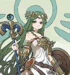  1girl aqua_eyes armlet bangle bangs belt belt_buckle bracelet brown_belt buckle circlet closed_mouth dress goddess gradient gradient_background green_hair holding holding_staff jewelry kid_icarus long_hair neck_ring necklace nishikuromori palutena parted_bangs shield solo staff straight_hair strapless strapless_dress very_long_hair white_dress 