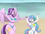  4:3 alternate_species anthro anthrofied beach big_breasts bikini breast_size_difference breasts cleavage clothed clothing dialogue duo english_text female friendship_is_magic hasbro hi_res larger_female lurking_tyger my_little_pony princess_celestia_(mlp) seaside size_difference smaller_female starlight_glimmer_(mlp) swimwear text wide_hips 