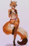  anthro blue_eyes canid canine clothing covering covering_breasts ear_piercing female fox fur gesture guppic head_tuft hi_res long_tail looking_at_viewer mammal middle_finger on_one_leg orange_body orange_fur piercing purple_clothing purple_underwear solo standing tattoo tongue tongue_out tuft underwear 