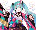  1girl :d aqua_bow aqua_hair black_skirt bow breasts choker cleavage collarbone commentary dated eyebrows_visible_through_hair fan fuzichoco hatsune_miku head_tilt headgear headset highres holding holding_fan japanese_clothes kimono long_hair long_sleeves looking_at_viewer magical_mirai_(vocaloid) multicolored_hair open_mouth red_bow signature skirt small_breasts smile solo streaked_hair twintails upper_body very_long_hair vocaloid white_background wide_sleeves yukata 