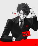  1boy absurdres amamiya_ren bangs btmr_game calling_card english_commentary formal glasses gloves hair_between_eyes hand_on_own_head heart highres holding jacket long_sleeves looking_at_viewer male_focus necktie persona persona_5 signature simple_background smile solo suit upper_body watch wristwatch 