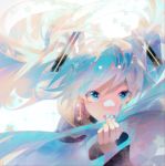  1girl bare_shoulders blue_eyes blue_hair blue_nails blue_theme blurry blurry_background commentary_request dango_(pixiv10520636) expressionless eyebrows_visible_through_hair eyes_visible_through_hair fingernails floating_hair grey_shirt hand_on_own_face hand_to_own_mouth hand_up hatsune_miku highres leaning leaning_forward long_hair long_sleeves looking_at_viewer messy_hair multicolored_hair open_mouth shaded_face shiny shiny_hair shirt simple_background solo sparkle star-shaped_pupils star_(symbol) starry_background symbol-shaped_pupils tareme twintails very_long_hair vocaloid white_background wide_sleeves 