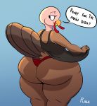  anthro avian big_butt bird blue_background butt clothed clothing clothing_lift dialogue dress dress_lift female galliform hi_res huge_butt looking_back phasianid plaga simple_background solo thick_thighs thong turkey underwear 