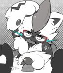  2018 ambiguous_gender anthro bodily_fluids duo felid feline first_person_view hi_res japanese_text legendary_pok&eacute;mon looking_at_viewer lucario mammal monochrome nintendo open_mouth pattern_background ping_koon pok&eacute;mon pok&eacute;mon_(species) simple_background solo_focus spikes sweat text video_games zeraora 
