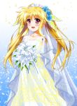  1girl bangs blonde_hair blue_flower blue_rose bouquet bridal_veil commentary dress eyebrows_visible_through_hair fate_testarossa flower hair_flower hair_ornament hair_ribbon headdress highres holding holding_bouquet long_dress long_hair looking_at_viewer lyrical_nanoha mahou_shoujo_lyrical_nanoha mizuki_nana open_mouth petals print_dress red_eyes ribbon rose smile solo standing strapless strapless_dress twintails veil wedding_dress white_dress white_flower white_ribbon yorousa_(yoroiusagi) 