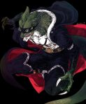  belt black_background cape claws clothing dinosaur green_body green_skin humanoid male one_piece reptile scalie sharp_teeth simple_background solo teeth unknown_artist x_drake 
