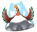  2020 ambiguous_gender avian beak belly big_belly bird boot_(artist) duo green_eyes ho-oh human legendary_pok&eacute;mon mammal nintendo overweight pok&eacute;mon pok&eacute;mon_(species) simple_background size_difference video_games white_background white_belly wings 