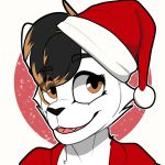  1:1 anthro calico_cat christmas clothed clothing domestic_cat felid feline felis female fur hair hat headgear headwear holidays hoodie mammal mottled open_mouth piebald santa_hat simple_background smile solo teeth tongue topwear whinnie 