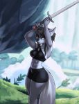  2020 abs anthro aozee arms_above_head athletic athletic_anthro athletic_female black_hair black_nose bra breasts canid canine canis clothed clothing digital_media_(artwork) facial_piercing female fur grey_body grey_fur hair holding_object holding_sword holding_weapon looking_at_viewer mammal melee_weapon midriff navel nose_piercing nose_ring oasis outside piercing raised_arm septum_piercing solo standing sword training underwear weapon weapon_over_head wolf 