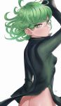  1girl arm_up ass bangs black_dress breasts closed_mouth curly_hair dress eyebrows_visible_through_hair green_eyes green_hair highres long_sleeves looking_at_viewer medium_hair nanja one-punch_man side_slit signature simple_background small_breasts solo tatsumaki upper_body white_background 