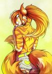 anthro bare_back blonde_hair breasts clothed clothing felid feline female fur hair hi_res mammal neothetaa simple_background smile solo striped_body striped_fur stripes topless yellow_eyes 