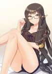  1girl adjusting_hair agsen bespectacled black_hair black_shirt commentary_request crossed_legs fate/apocrypha fate/grand_order fate_(series) glasses hair_ornament highres long_hair looking_at_viewer nail_polish pointy_ears purple_shorts red_nails semi-rimless_eyewear semiramis_(fate) shirt shorts sitting solo under-rim_eyewear very_long_hair yellow_eyes 