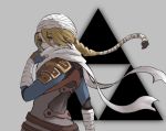  1girl adjusting_clothes adjusting_scarf bandaged_arm bandages blonde_hair braid eyebrows_visible_through_hair floating_clothes floating_hair floating_scarf hair_between_eyes hand_up highres long_hair mask mouth_mask nishikuromori pink_eyes scarf sheik single_braid solo the_legend_of_zelda the_legend_of_zelda:_ocarina_of_time triforce turban white_scarf 