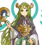  1girl aqua_eyes bangs circlet cloak closed_mouth eyebrows_visible_through_hair facing_viewer frown goddess green_hair holding holding_staff jewelry kid_icarus long_hair long_sleeves necklace nishikuromori palutena parted_bangs purple_cloak simple_background solo staff straight_hair very_long_hair white_background wide_sleeves 