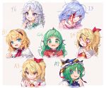  6+girls alice_margatroid animal_ears ascot blonde_hair blood blood_from_mouth blood_on_face blue_eyes blue_hair blue_headwear blue_nails blue_vest bow braid capelet commentary_request cropped_torso crying crying_with_eyes_open curly_hair expressions fang flandre_scarlet green_eyes green_hair grey_hair grin gunjou_row hair_bow hair_ribbon hairband hand_up hat heart heart-shaped_pupils highres horns izayoi_sakuya komano_aun long_hair looking_at_viewer multiple_girls no_hat no_headwear open_mouth pink_shirt ponytail red_eyes red_hairband red_nails red_ribbon red_vest remilia_scarlet ribbon shiki_eiki shirt short_hair side_ponytail simple_background single_horn smile symbol-shaped_pupils tears touhou twin_braids vest white_shirt yellow_neckwear 