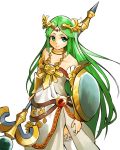  1girl aqua_eyes armlet bangs bare_shoulders bracer circlet closed_mouth dress goddess green_hair holding holding_staff jewelry kid_icarus long_hair neck_ring necklace nishikuromori palutena parted_bangs shield side_slit simple_background smile solo staff strapless strapless_dress thighhighs very_long_hair white_background white_dress white_legwear zettai_ryouiki 