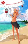  1girl :o absurdres arknights armband bangs barefoot beach beach_umbrella bikini black_bikini breasts day fangs hair_between_eyes hand_up highres intravenous_drip long_hair looking_at_viewer mofumancy navel ocean outdoors pointy_ears red_eyes small_breasts solo standing sweatdrop swimsuit tan umbrella warfarin_(arknights) water white_hair 