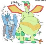  2018 after_vore anthro articuno avian belly big_belly breasts burping duo dynelle_(flamestar) english_text female female_pred fidchellvore flatsfag flygon hand_on_stomach internal legendary_pok&eacute;mon nintendo overweight pok&eacute;mon pok&eacute;mon_(species) same_size_vore simple_background text video_games vore white_background wings 