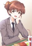  1girl alisa_(girls_und_panzer) bangs black_neckwear blazer blurry blurry_foreground brown_background brown_eyes brown_hair chin_rest cup depth_of_field disposable_cup dress_shirt drinking_straw elbow_rest eyebrows_visible_through_hair food freckles french_fries girls_und_panzer gradient gradient_background grey_jacket hair_ornament jacket katakori_sugita long_sleeves looking_at_viewer mcdonald&#039;s necktie open_mouth saunders_school_uniform school_uniform shirt short_hair short_twintails smile solo star_(symbol) star_hair_ornament twintails white_shirt wing_collar 