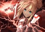  1girl absurdres armor blonde_hair blue_eyes clarent dutch_angle fate/apocrypha fate_(series) highres huge_filesize li_zhu lightning mordred_(fate) mordred_(fate)_(all) ponytail red_background red_scrunchie scrunchie smile solo sword v-shaped_eyebrows weapon 
