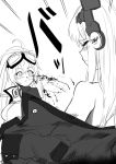  2girls aek-999_(girls_frontline) ahoge bangs blood blush closed_mouth girls_frontline goggles goggles_on_head greyscale hair_between_eyes headphones highres jacket long_hair long_sleeves looking_at_another monochrome multiple_girls nosebleed open_clothes open_jacket shimizu_ginkaku sidelocks simple_background tmp_(girls_frontline) white_background 