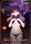  1girl cape closed_mouth cowboy_shot groin halloween halloween_costume hat highres kantai_collection long_hair mole mole_under_eye navel purple_eyes purple_hair shaded_face smile solo trick_or_treat tsushima_(kantai_collection) twitter_username unidentified_nk witch_hat 