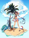  1girl :o absurdres ball bangs bare_shoulders beachball bikini bird black_bikini blue_eyes blunt_bangs breasts day double_bun fate/grand_order fate_(series) full_body hair_rings highres innertube long_hair looking_at_viewer mofumancy navel outdoors palm_tree purple_hair salute sand sandals seagull solo standing surfboard swimsuit tree twintails water yang_guifei_(fate/grand_order) 