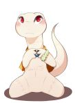  2018 ambiguous_gender anthro black_pupils blush chibi crusch_lulu eyelashes featureless_chest featureless_crotch female_(lore) front_view full-length_portrait hi_res iris kneeling lizard looking_at_viewer markings mostly_nude ping_koon portrait pupils red_eyes reptile scalie simple_background small_pupils solo white_background white_body 