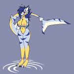  1:1 anthro axela breasts digimon digimon_(species) female fish fur gabumon genitals hair hi_res inner_ear_fluff long_tail marine multicolored_body nipples non-mammal_breasts nude pussy red_eyes shark simple_background solo tuft xion_13 yellow_body yellow_skin 