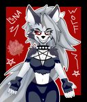 anthro black_body black_fur breasts canid canid_demon cheek_tuft chest_tuft clothing collar demon eyelashes facial_tuft female fingers fur grey_body grey_fur grey_hair hair head_tuft hellhound helluva_boss hi_res inner_ear_fluff lekfurry looking_at_viewer loona_(vivzmind) mammal navel red_sclera sharp_teeth shoulder_tuft smile spiked_collar spikes teeth torn_clothing tuft white_body white_eyes white_fur 