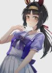 1girl absurdres ahoge animal_ears black_hair blush bow bowtie breasts brown_eyes brown_hairband brown_headband checkered_hairband closed_mouth commentary_request ear_covers hair_ornament hairband hairclip headband highres horse_ears horse_girl logotype_(umamusume) long_hair looking_at_viewer mismatched_ear_covers pleated_skirt puffy_short_sleeves puffy_sleeves purple_bow purple_bowtie purple_shirt sailor_collar sailor_shirt school_uniform shirt short_sleeves simple_background skirt tagashiro_yui tracen_school_uniform umamusume white_sailor_collar white_skirt 