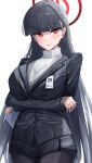  1girl absurdres akagire8 black_hair black_jacket black_pantyhose black_skirt blazer blue_archive blunt_bangs blush breasts commentary_request hair_ornament hairclip halo highres holding holding_tablet_pc jacket large_breasts long_hair looking_at_viewer pantyhose pleated_skirt red_eyes ribbed_sweater rio_(blue_archive) simple_background skirt solo sweater tablet_pc turtleneck turtleneck_sweater very_long_hair white_background white_sweater 