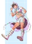  1boy abs adjusting_hood animal_ears arm_cutout belt blue_background blue_eyes boots border brown_belt brown_bracelet brown_hair bulge chest_harness clothing_cutout collar covered_pectorals crop_top evinist flower fluffy_tail full_body garu_(nu_carnival) green_nails harness highres hip_vent hood hooded_jacket hydrangea inset_border jacket leaf looking_at_viewer male_focus nu_carnival o-ring overskirt parted_lips paw_print_soles pectorals purple_flower scar scar_on_arm scar_on_chest scar_on_face scar_on_leg scar_on_nose see-through_clothes see-through_hood see-through_jacket see-through_overskirt short_hair shorts smile solo spiked_collar spikes thighs toned toned_male underpec white_boots white_border white_shorts wolf_boy wolf_ears wrist_wrap 