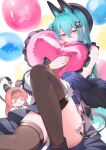  absurdres animal_ears ass axia_(shadowverse:_worlds_beyond) beret black_hat black_headband black_thighhighs blue_dress blue_eyes blue_hair character_doll commentary_request doll dress fake_animal_ears frilled_dress frills hair_between_eyes hat headband heart heart-shaped_pillow highres holding holding_pillow ichien_ekaki lishenna_(shadowverse) long_hair looking_at_viewer mechanical_ears pillow pink_hair power_symbol shadowverse shadowverse:_worlds_beyond simple_background thighhighs thighs very_long_hair yellow_eyes 