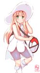  1girl alolan_form alternate_costume bag blonde_hair cosplay dress green_eyes hat highres kanon_(kurogane_knights) kantai_collection lillie_(pokemon) lillie_(pokemon)_(cosplay) pokemon pokemon_(game) pokemon_sm simple_background yuudachi_(kantai_collection) 