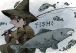 1boy animal backpack bag blue_background brown_bag brown_eyes brown_hair closed_mouth commentary_request english_text fish fish_(symbol) fish_hook fishing fishing_line fishing_rod from_side green_hat green_shirt hand_up hat hat_feather highres holding holding_fishing_rod male_focus moomin over_shoulder pointy_nose scarf shimoomin006 shirt short_hair smile snufkin solo trout upper_body water water_drop wizard_hat yellow_scarf 