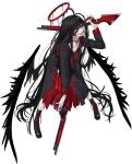  1girl absurdly_long_hair bags_under_eyes black_boots black_hair black_nails black_serafuku black_shirt black_skirt black_wings blood blood_halo blood_on_clothes blood_on_weapon blue_archive boots breasts choker cleavage collarbone constricted_pupils crazy_smile dripping drooling dual_wielding english_text feathered_wings full_body game_asset gun half-closed_eyes halo happy head_tilt highres holding holding_gun holding_weapon lace-up_boots large_variant_set leaning_forward liquid_halo long_hair long_skirt long_sleeves looking_up medium_breasts melting_halo messy_hair mx2j neckerchief no_dickey official_art open_mouth over_shoulder pale_skin pleated_skirt raised_inner_eyebrows red_choker red_eyes red_halo red_neckerchief saliva school_uniform serafuku shaded_face sharp_teeth shirt sidelocks simple_background skirt smile solo standing tachi-e teeth third-party_source tongue tongue_out torn_clothes torn_shirt torn_skirt transparent_background tsurugi_(blue_archive) undone_neckerchief untied_shoelaces variant_set very_long_hair weapon weapon_over_shoulder winchester_model_1887 wings 