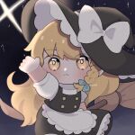  1girl apron black_hat black_skirt black_vest blonde_hair blue_bow blush bow braid broom broom_riding chibi chibi_only closed_mouth commentary_request frilled_skirt frills hair_bow hat hat_bow highres kirisame_marisa long_hair night puffy_short_sleeves puffy_sleeves short_sleeves side_braid single_braid skirt solo star_(sky) touhou twitter_username uzuki_(amayadori) vest waist_apron white_apron white_bow witch_hat yellow_eyes 